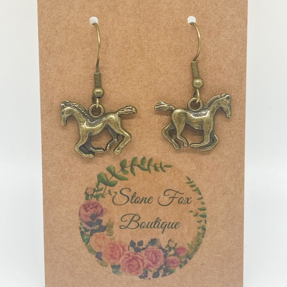 Bronze Toned, Sterling Silver Hook Wire Earrings with Horse Novelty Charms.